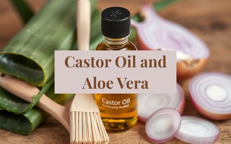 A bottle of castor oil with a small brush, surrounded by aloe vera leaves and slices of onion.