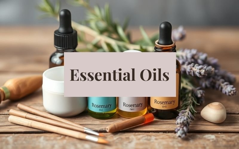 An arrangement of essential oils like rosemary and lavender, along with care tools. If you need further adjustments or additional details, feel free to ask!