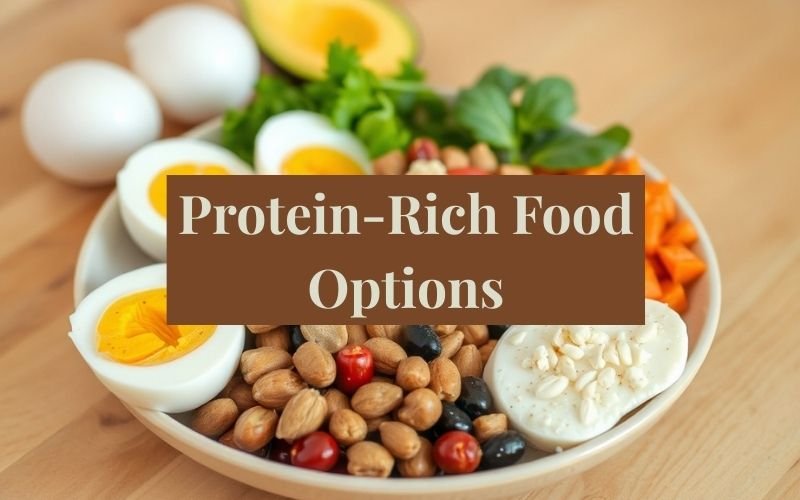 A plate containing boiled eggs, nuts, vegetables, and sliced carrots.