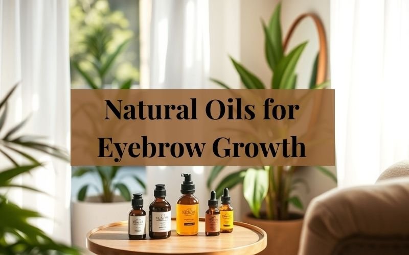 Natural oils for eyebrow growth, featuring a variety of essential oil bottles and herbal ingredients arranged aesthetically on a wooden surface.