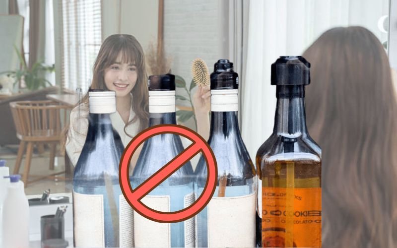 crossed-out harsh chemicals and alcohol bottles with healthy hair background