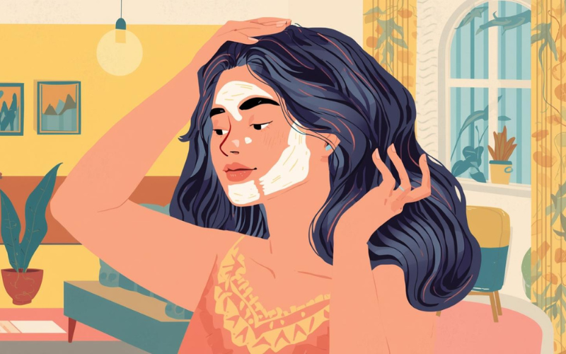 Applying homemade hair mask during hair care at home routine