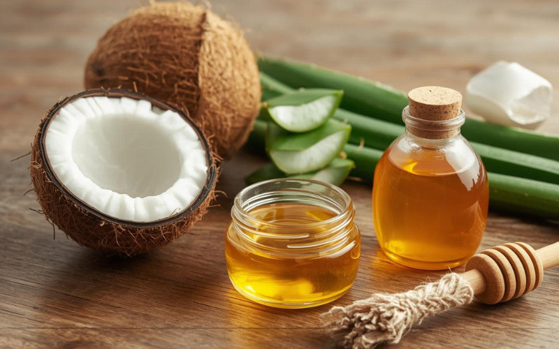 Natural ingredients used for hair care at home like coconut oil aloe vera and honey