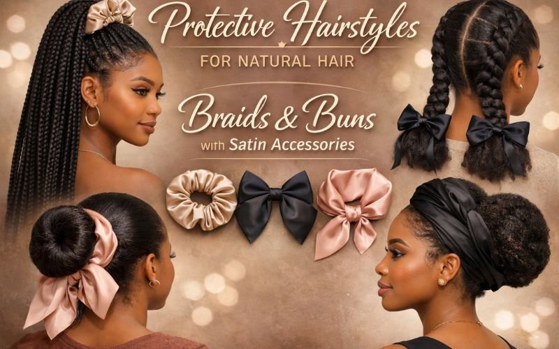 Protective hairstyles for natural hair, including braids and buns with satin accessories.