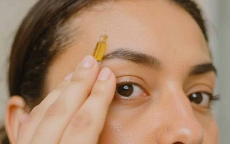 Woman applying natural oil to eyebrows for hair growth